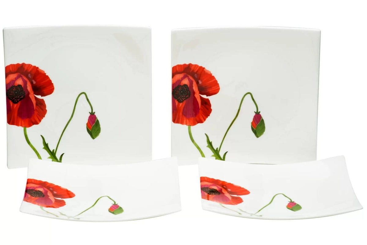 Red and White Six Piece Square Floral Bone China Service For Six Salad Plate Set-0