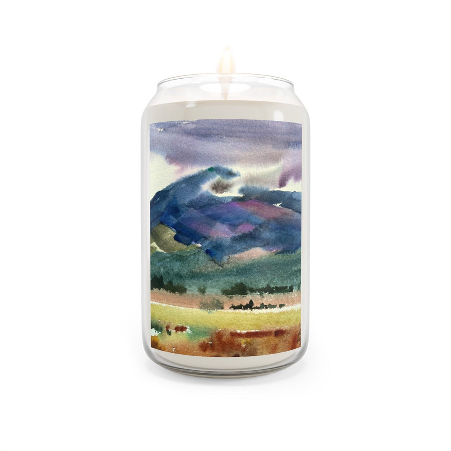 13.75oz Eco-Friendly Scented or Unscented Soy Wax Candle Jar with 'Tranquil Mountain View 2' Landscape Watercolor Artwork by American Artist Barbara Cleary