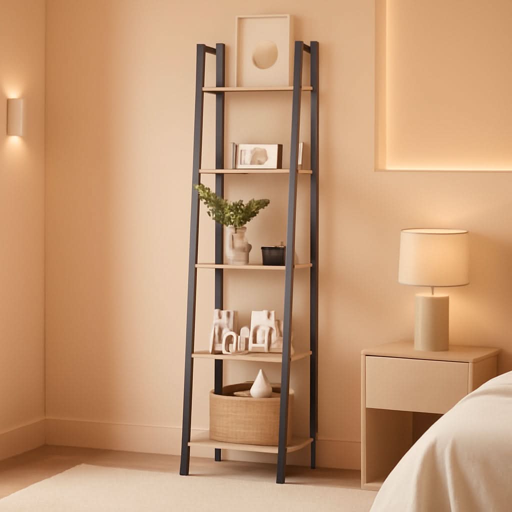 Greige 5 Tier Ladder Shelf Bookcase Freestanding Corner-0