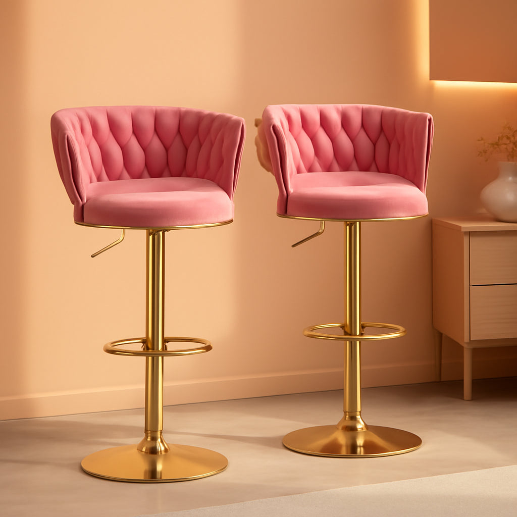 Pink Velvet Bar Stool Set Adjustable Gold Metal-0