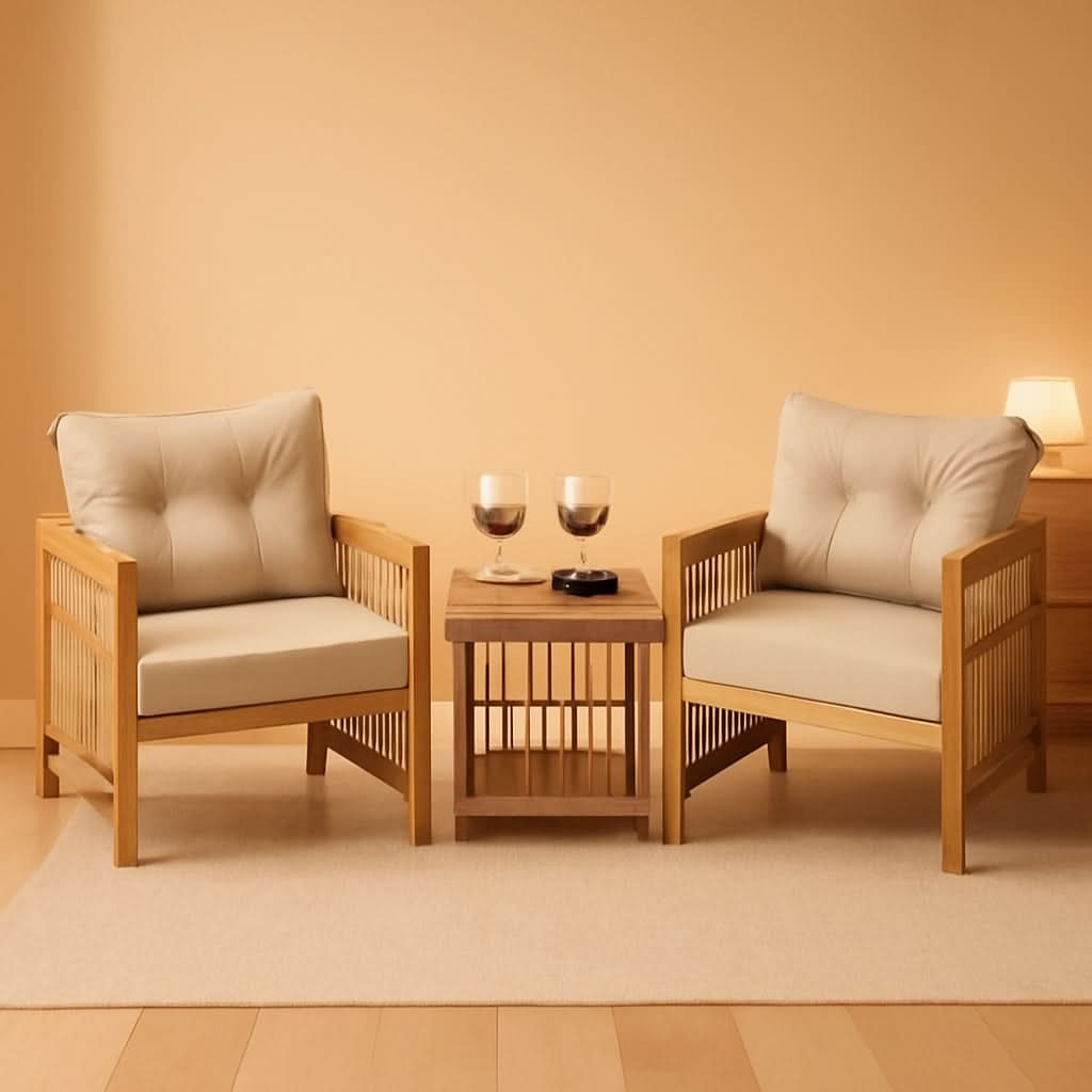 3 Piece Acacia Wood Patio Furniture Set With Beige PE Wicker Cushioned Chairs And Coffee Table-0
