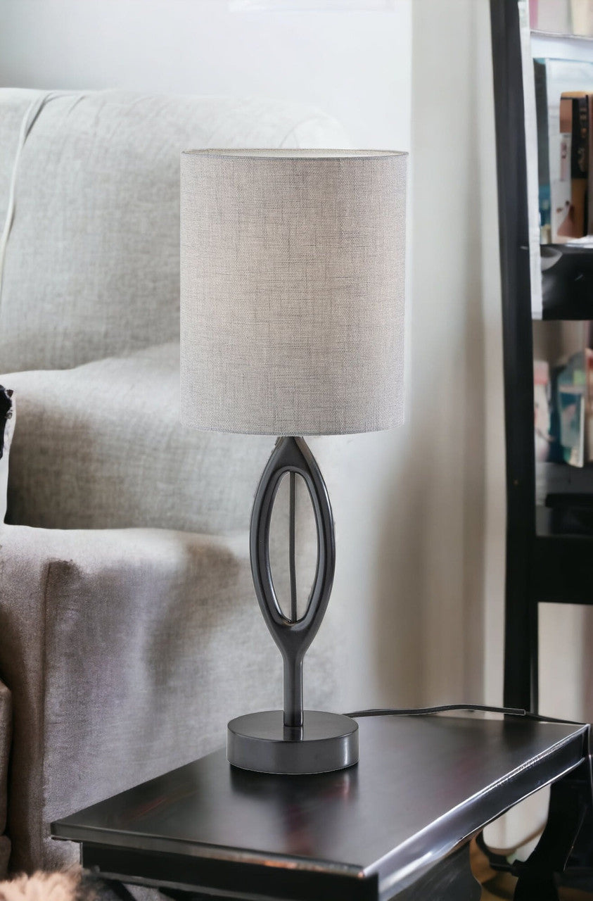 28" Black Solid Wood Round Table Lamp With Gray Drum Shade-0