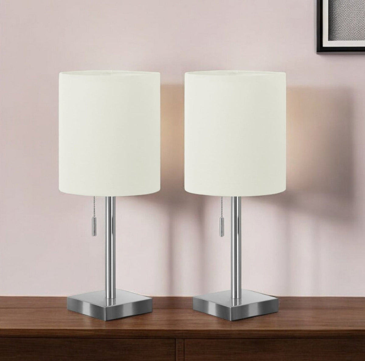 Set of Two 17" Silver Metal Candlestick USB Table Lamps With Ivory Drum Shade-0