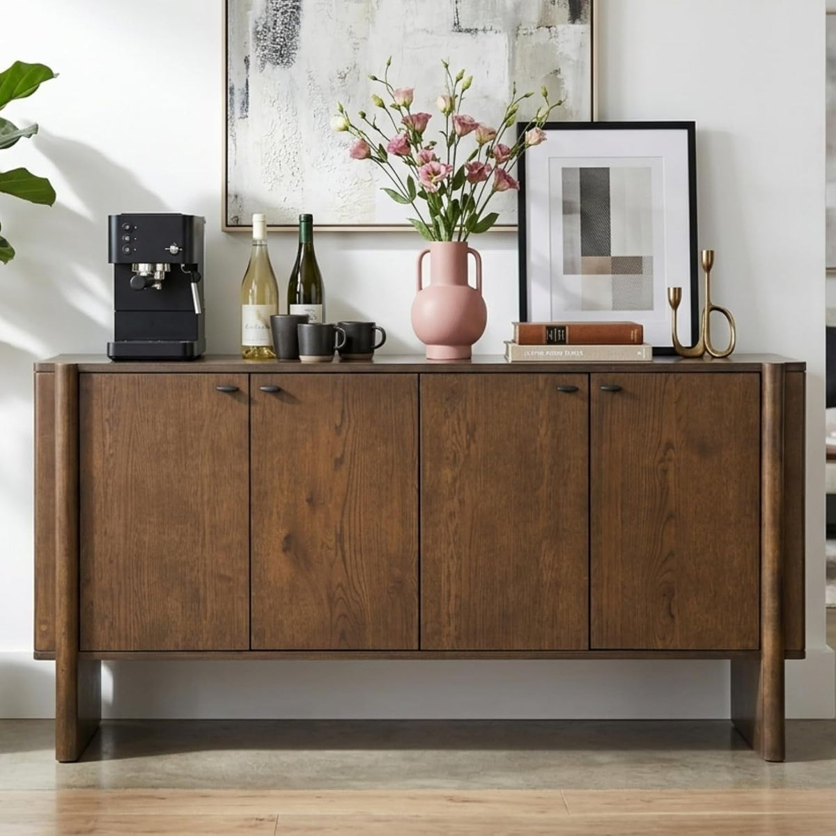 Brown Solid Wood Sideboard Cabinet With Four Doors-0
