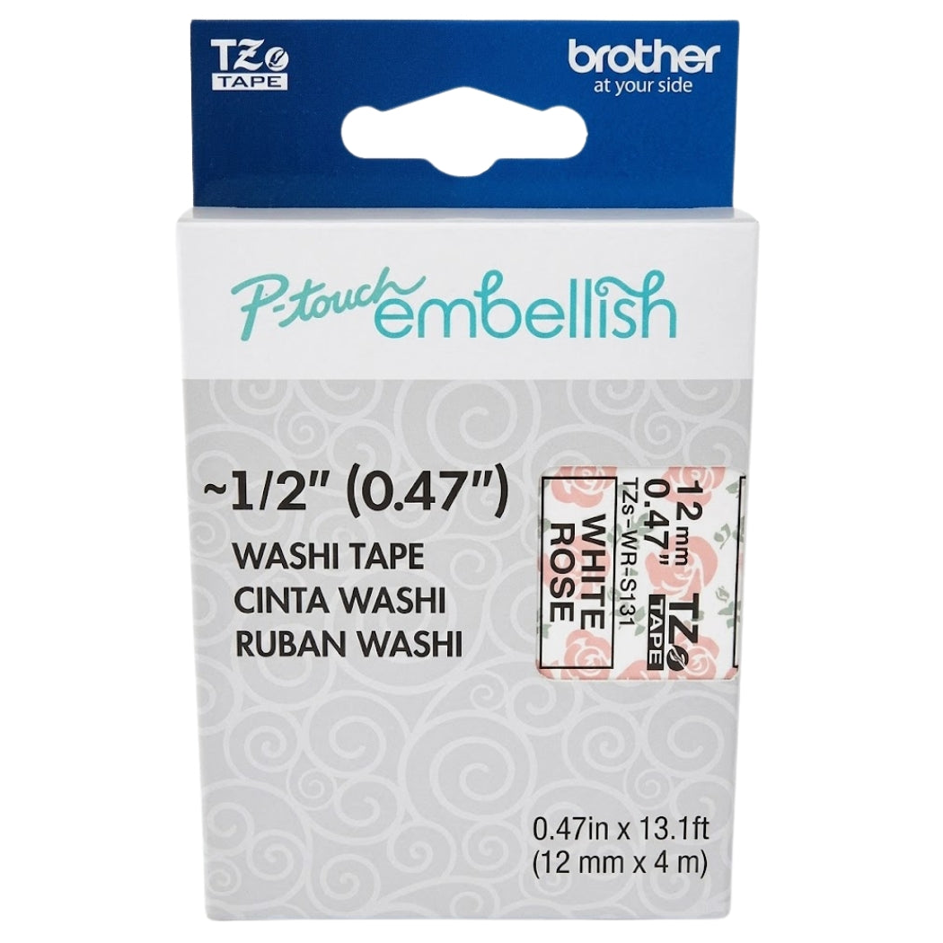 Original Brother P-Touch Embellish Black Print on White Rose Washi Tape TZeMT3115 - ~~½” Wide x 13.1’ Long for use with P-Touch Embellish Ribbon & Tape Printer-0