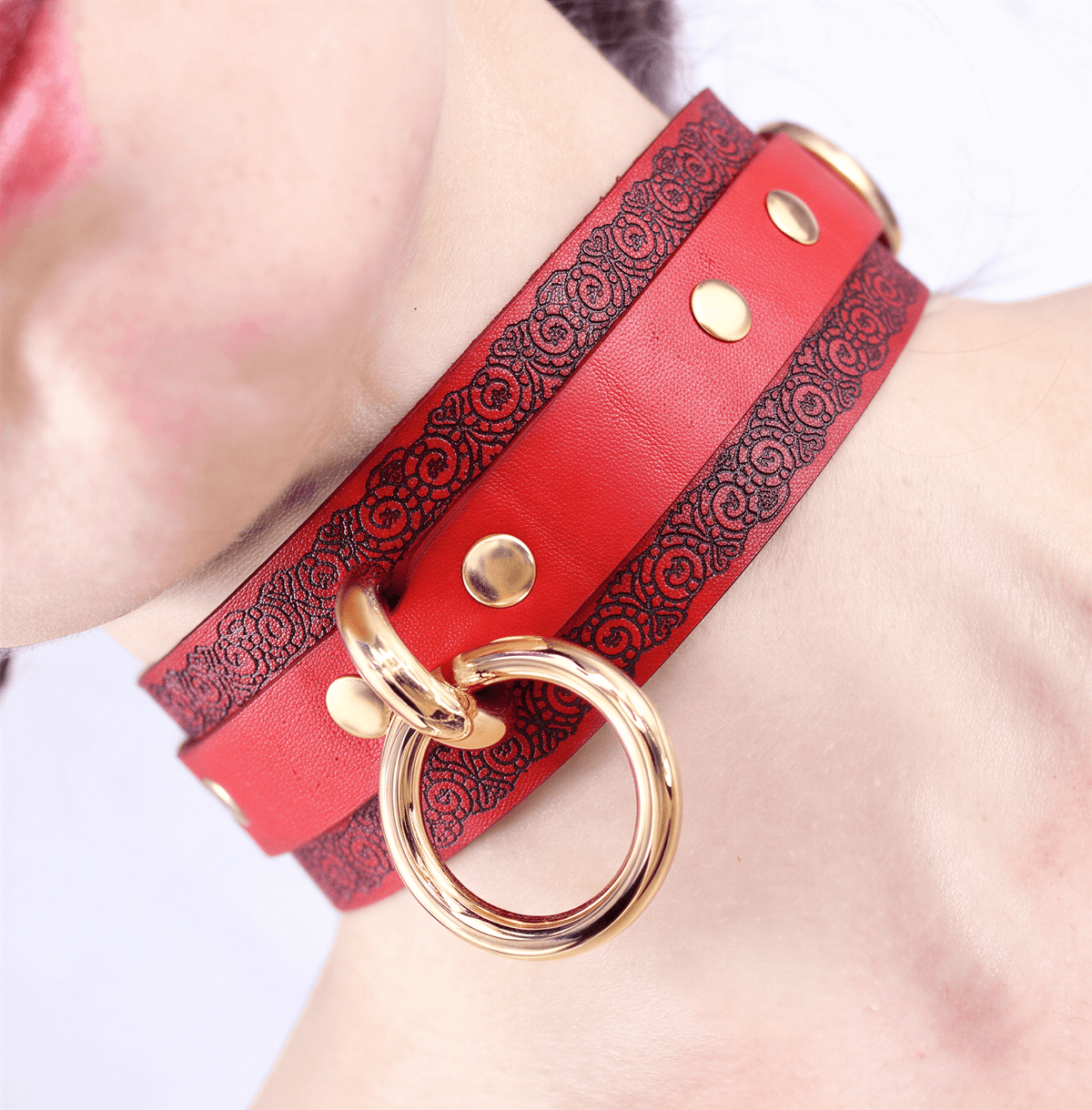 Red Wide Leather Choker Ornamental Slave Collar  BDSM Bondage Gift-0