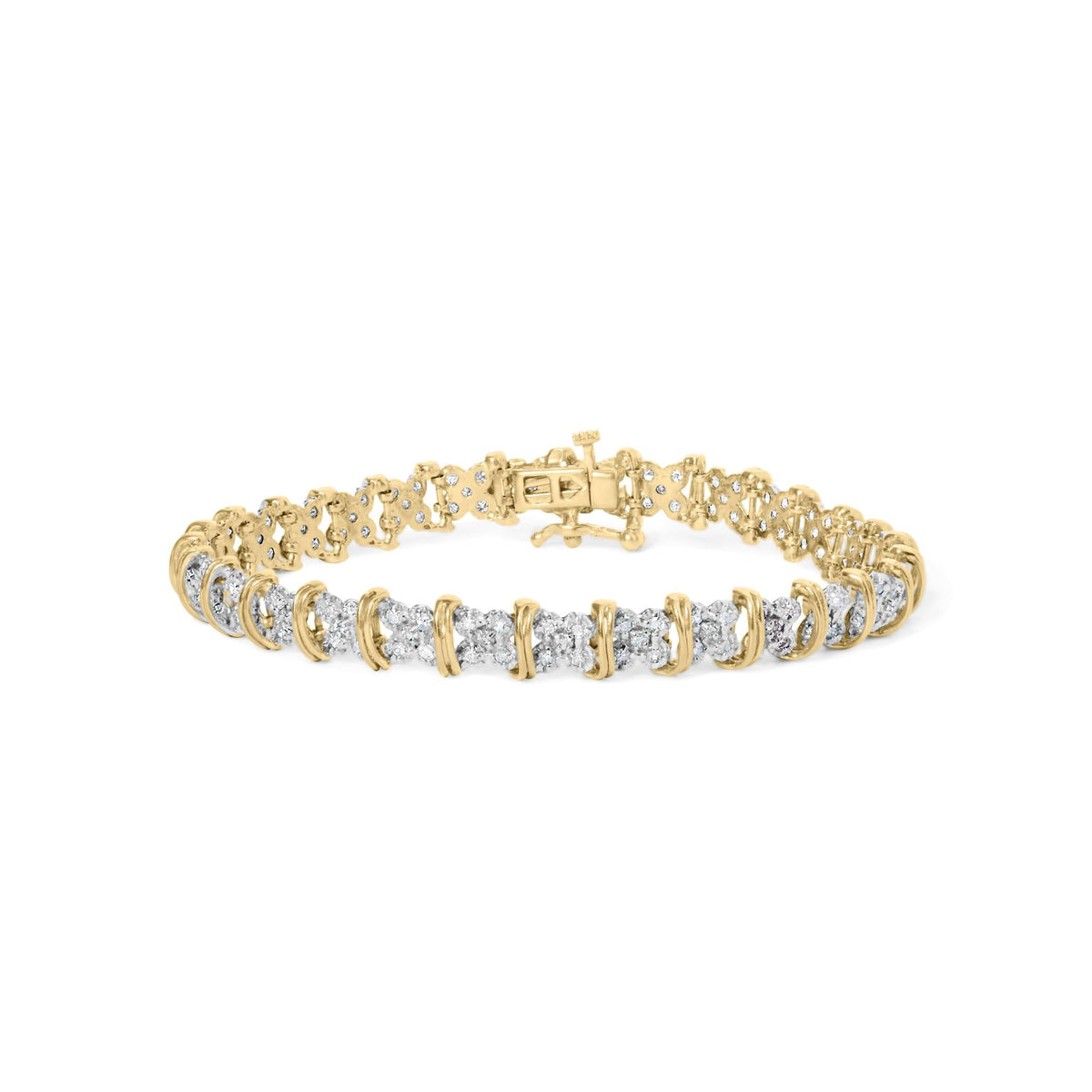 10K Yellow Gold Plated .925 Sterling Silver 2.0 Cttw Round Diamond Cluster "X" Shaped Link Bracelet (H-I Color, I3 Clarity) - 7"-0