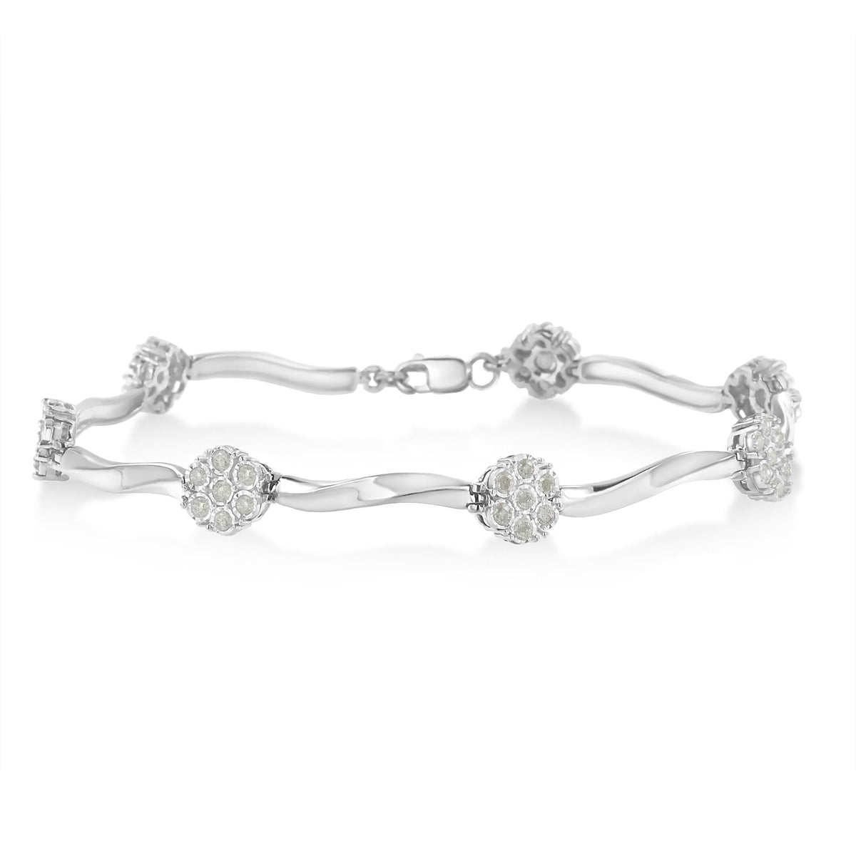 .925 Sterling Silver 1/4 Cttw Diamond Cluster Miracle-Set Station & Twisted Bar 7" Tennis Bracelet (H-I Color, I2-I3 Clarity)-0