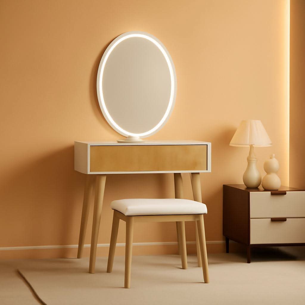 Natural Oak Vanity Desk With Illuminated Makeup Mirror-0