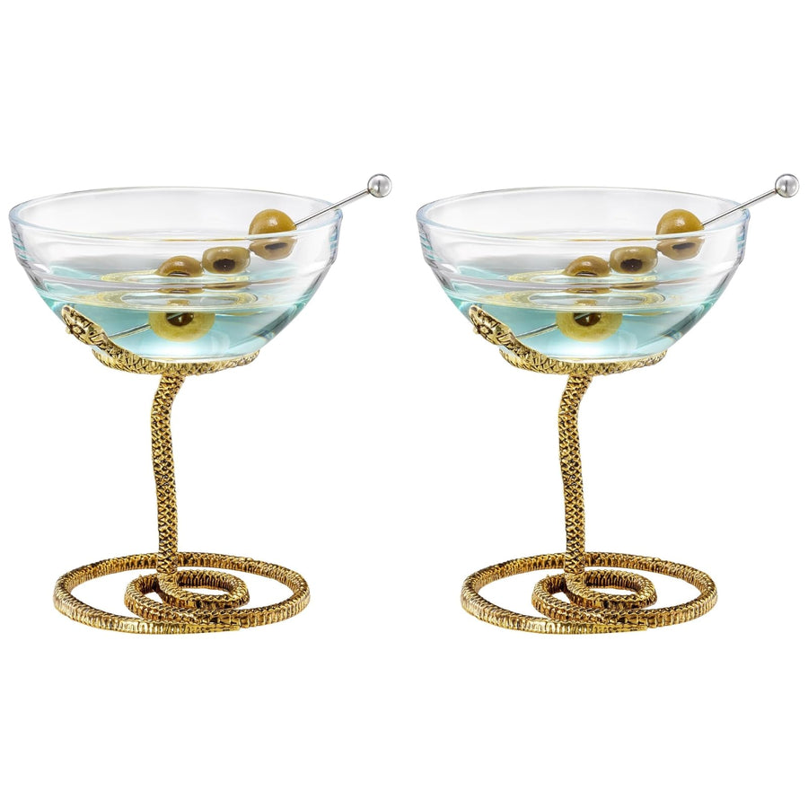 Snake Serpent Cocktail Glasses 2 Set Gold Design Unique Reptile Inspired Barware Themed Parties Goth