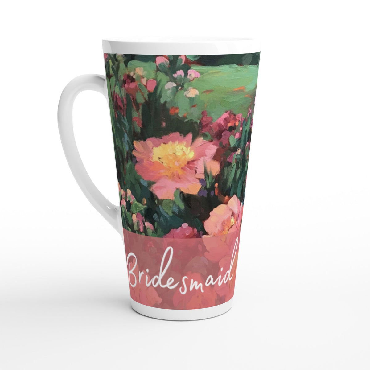 'Bridesmaid' 17oz White Ceramic Latte Mug | Bridal Collection with 'Pink Princess' Artwork by American Artist Barbara Cleary-0