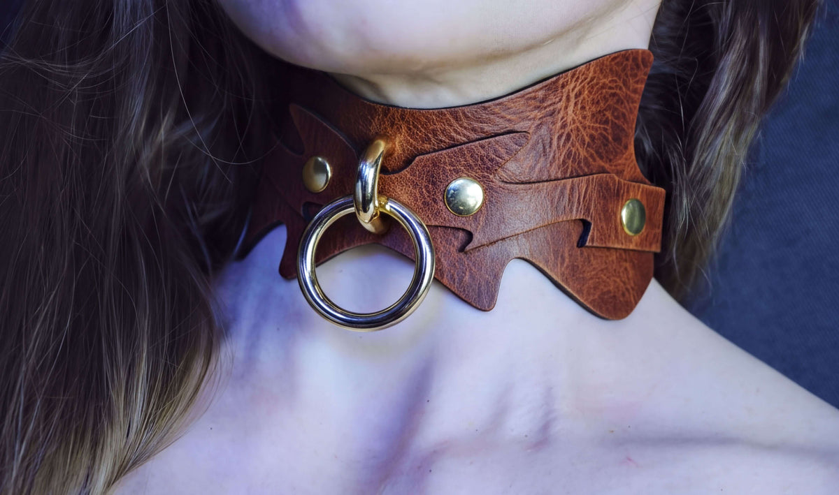 Leather Posture Collar Marble Brown Leather BDSM Collar Day Choker-0