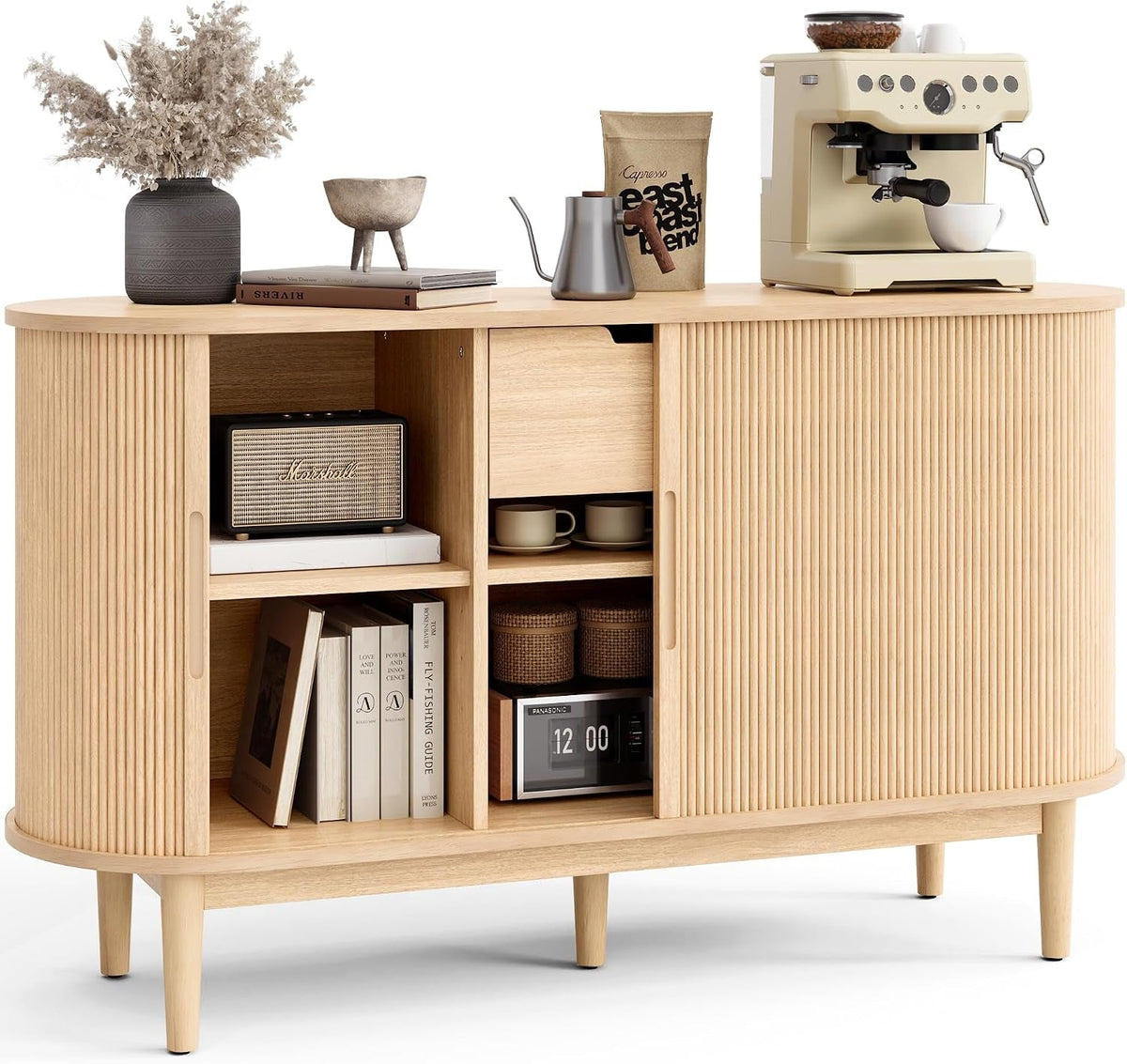 55 Inch Fluted Oak Mid Century Modern Storage Sideboard-0
