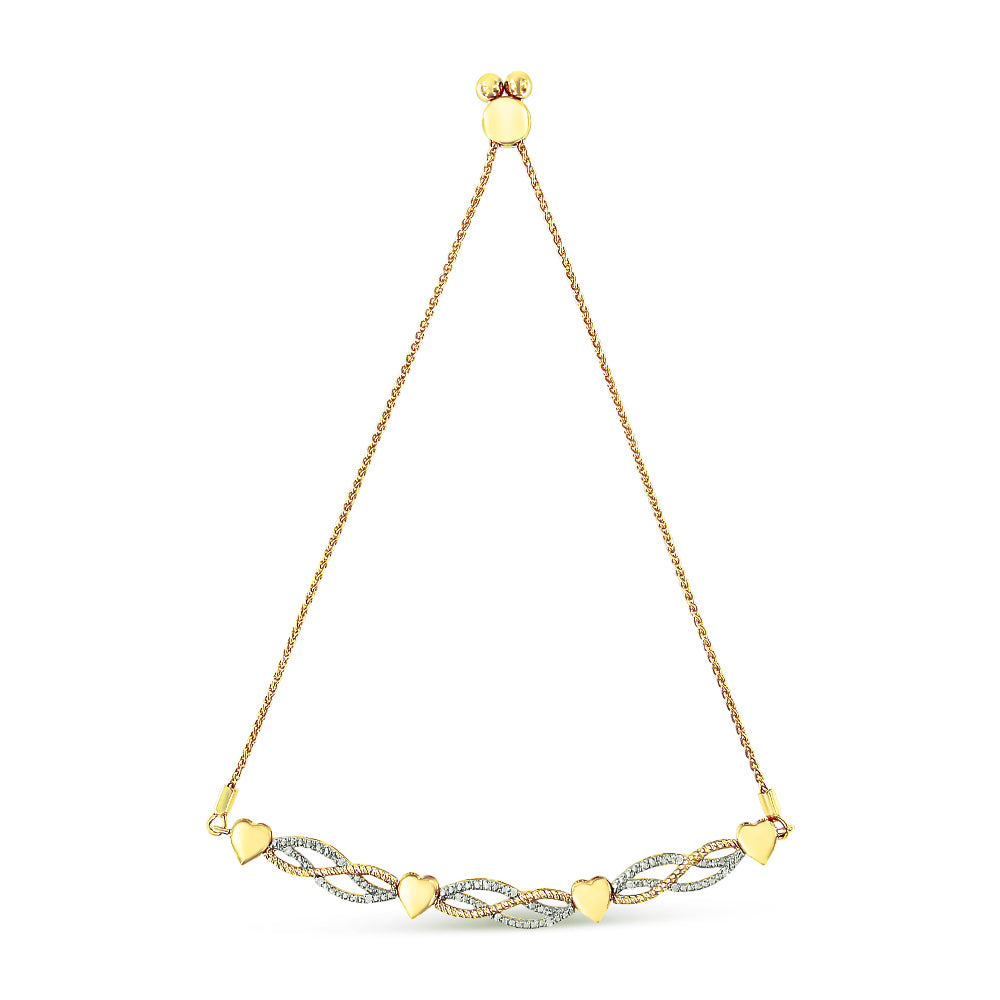 14K Yellow Gold Plated .925 Sterling Silver 1/10 Cttw Diamond Wave and Hearts Bolo Bracelet (I-J Color, I2-I3 Clarity) - 4"-10" Adjustable-0