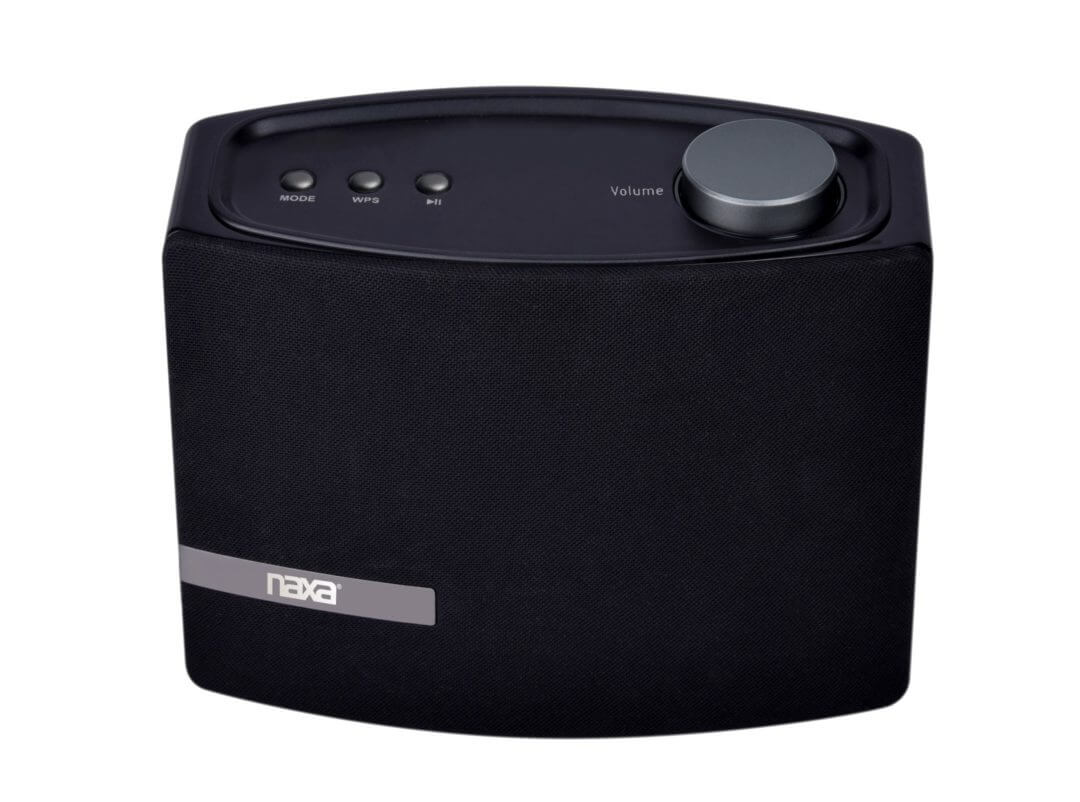 Black Naxa NAS-5001 Wi-Fi and Bluetooth multi-room speaker on a white background