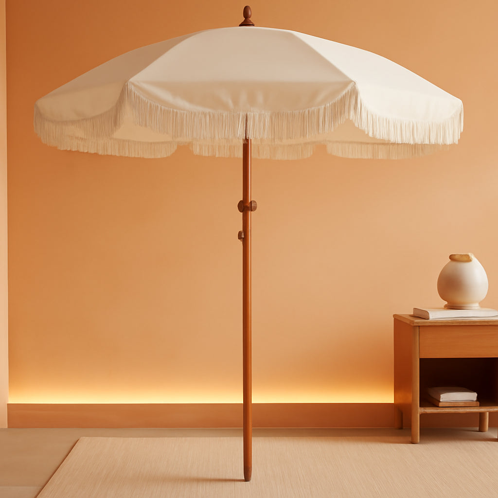 7.3Ft Cream Boho Fringe Beach Umbrella Windproof-0