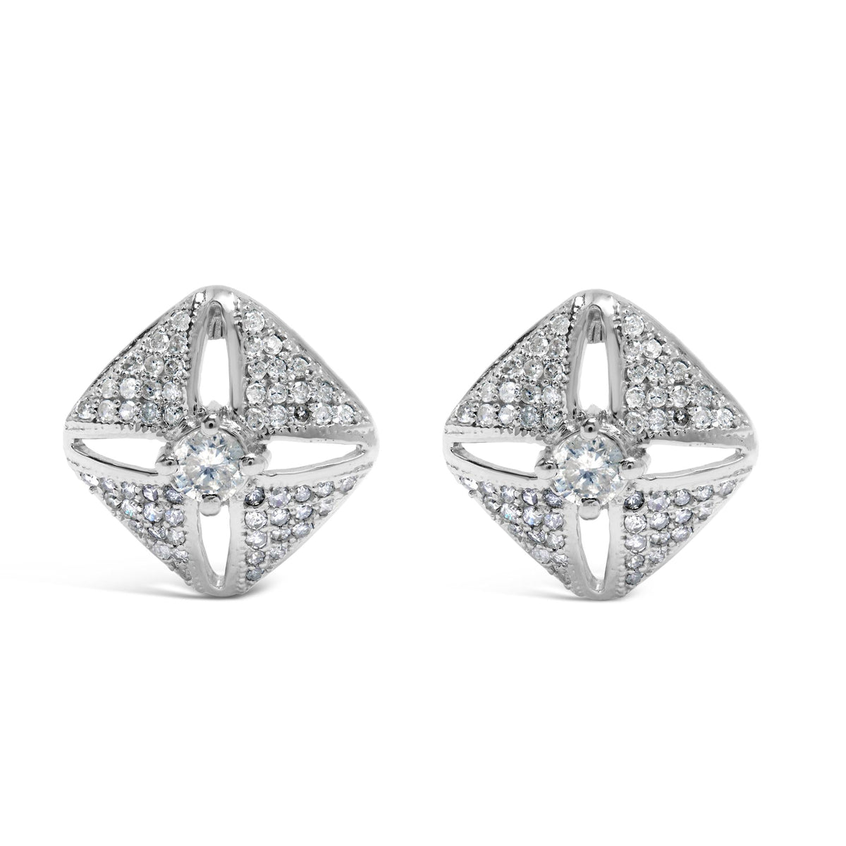 .925 Sterling Silver 1.0 Cttw Diamond Studded Rhombus Stud Earring (H-I Color, I2-I3 Clarity)-0