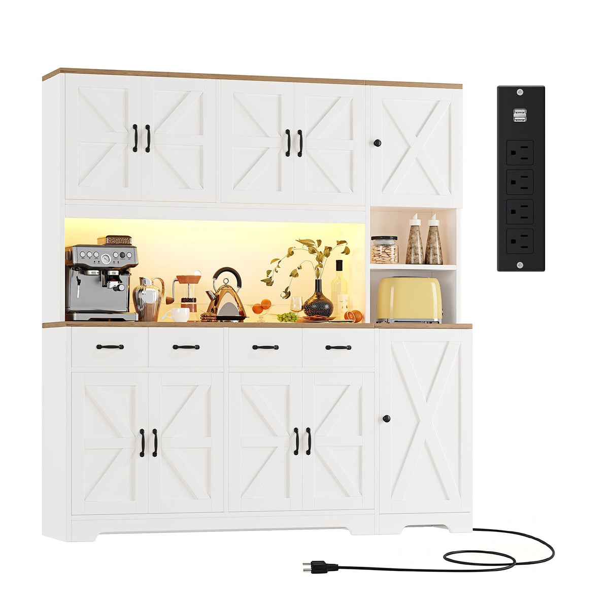 71" Tall Kitchen Pantry with LED Lights & Charging Station - Yanosaku-0