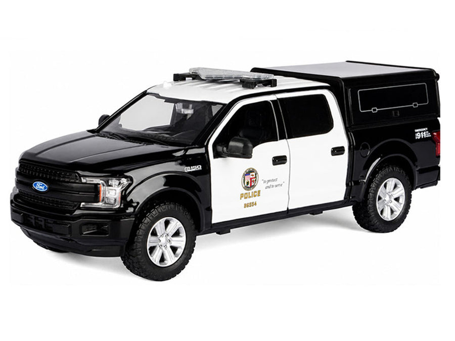 2019 Ford F-150 Lariat Crew Cab Pickup Truck with Camper "Los Angeles Police Department" Black and White "Law Enforcement and Public Service" Series 1/24-1/27 Diecast Model Car by Motormax