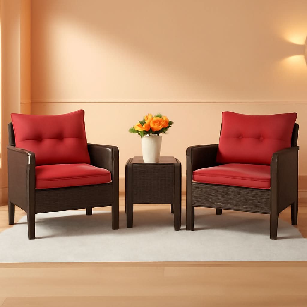 Red 3 Piece Outdoor Patio Furniture Set With Wicker Chairs And Glass Top Coffee Table-0