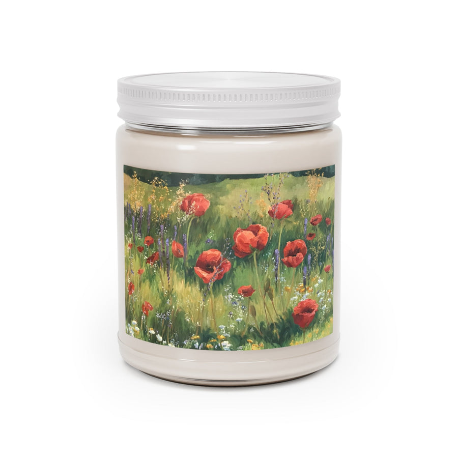 9oz Eco-Friendly Scented or Unscented Soy Wax Candle Jar with 'Field of Red Poppies' Artwork by American Artist Barbara Cleary