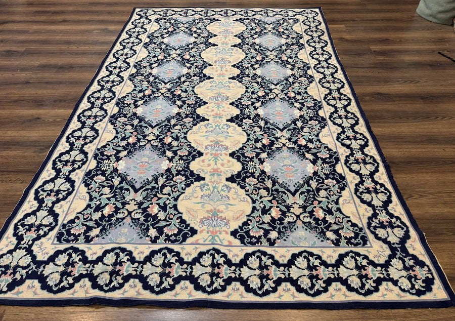 Needlepoint Rug 6x9, Ivory and Navy Blue