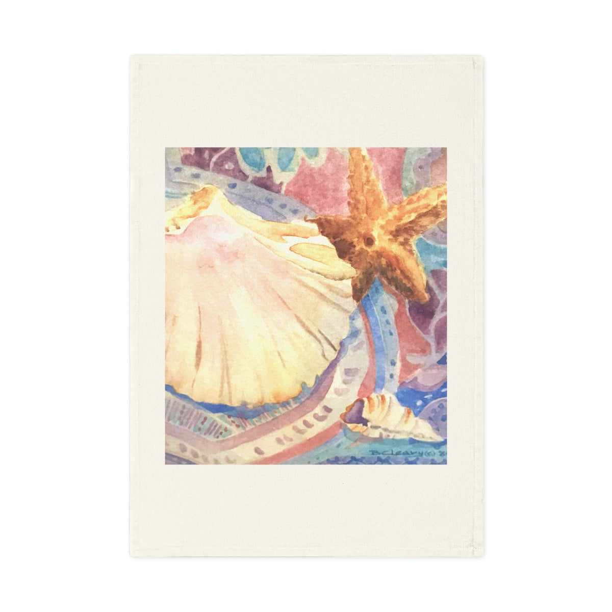 Organic Cotton Tea Towel Featuring 'Treasures of the Tide' Coastal Watercolor Painting by Barbara Cleary-0