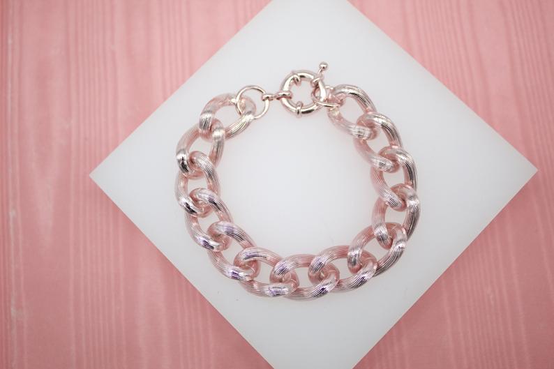 18K Gold Filled Pink Textured Chunky Thick Curb Cuban Link Chain Bracelet (XX8)