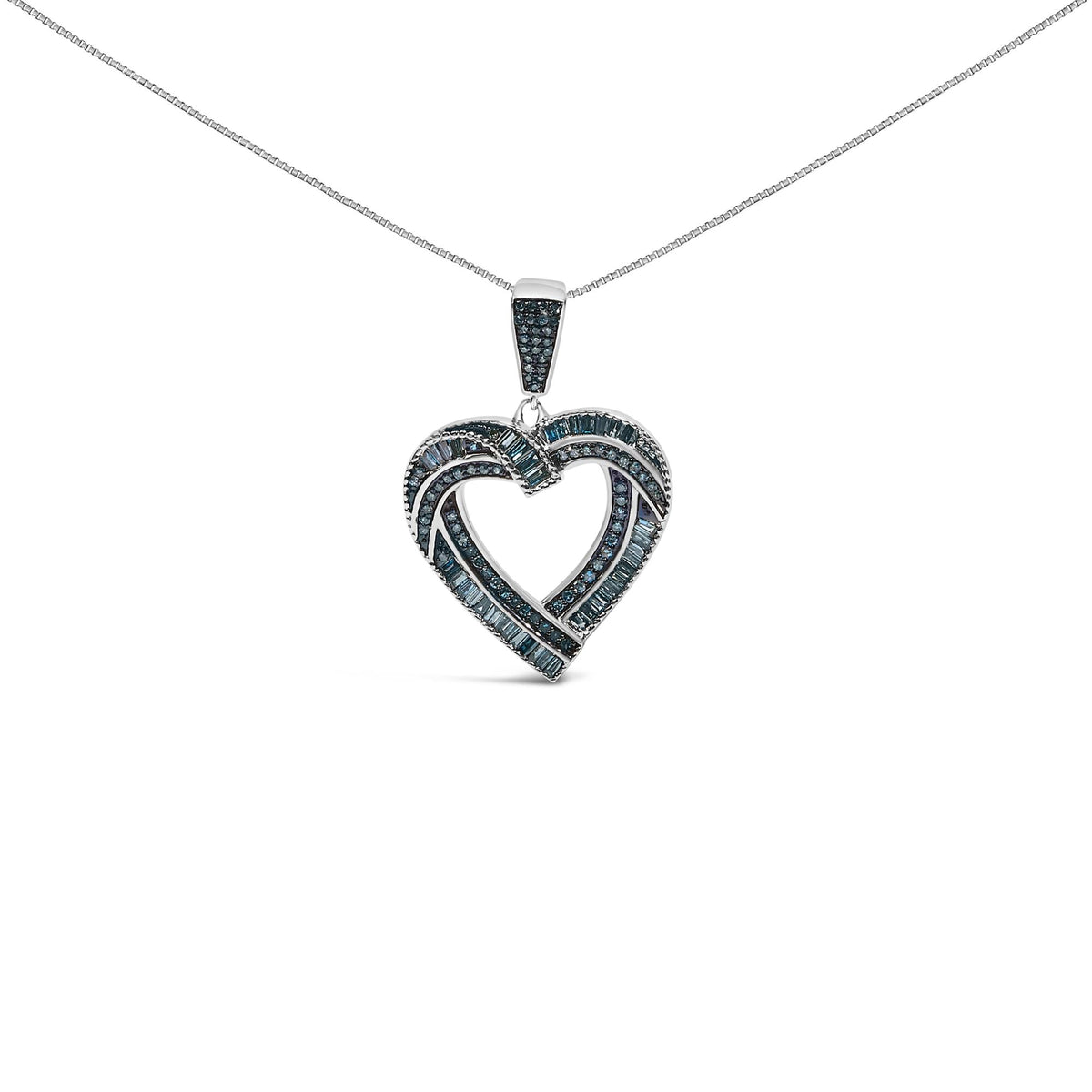 .925 Sterling Silver 1.00 Cttw Baguette and Round Blue Diamond Open Heart Pendant Necklace-0