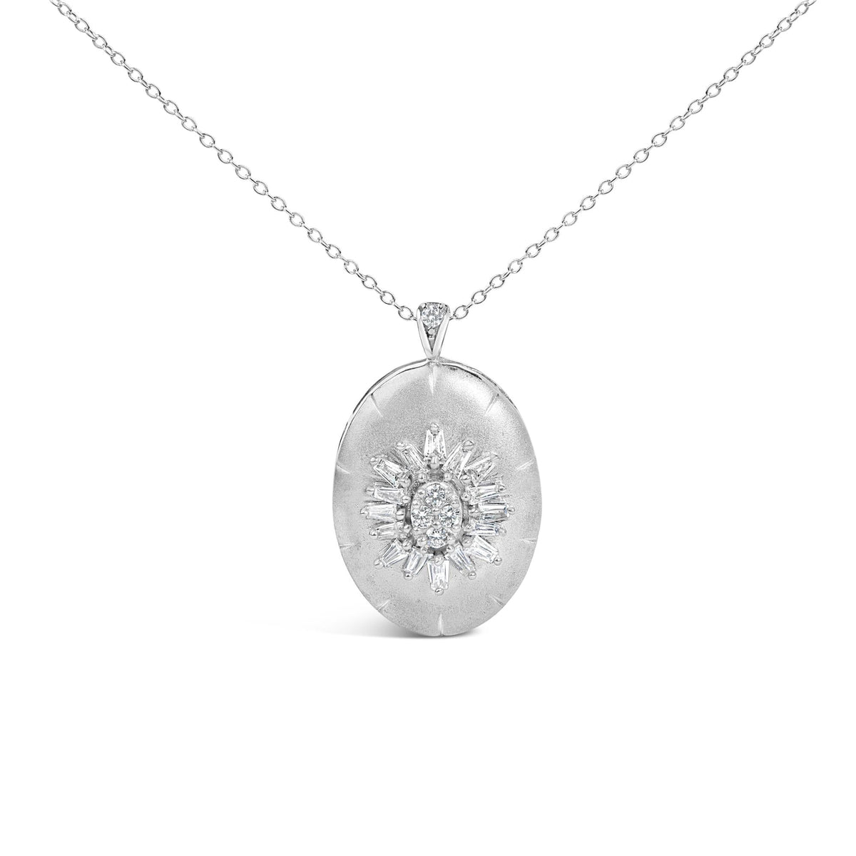 Sterling Silver 3/8 Cttw Diamond Puffed Oval Medallion Pendant Necklace-0