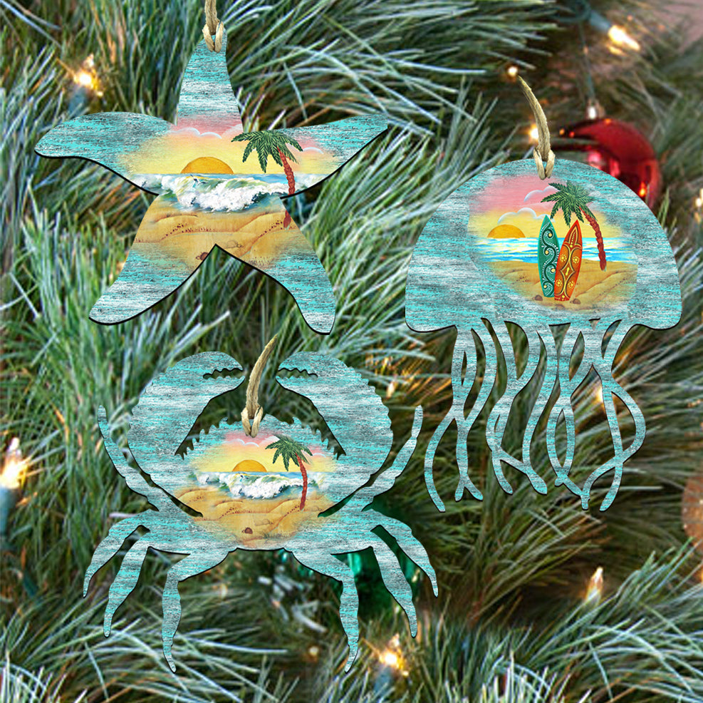 Coastal Wooden Ornaments-Starfish,Jellyfish,Crab-Set of 3 by G. DeBrekht - Coastal Holiday Décor - 8100046S3-0