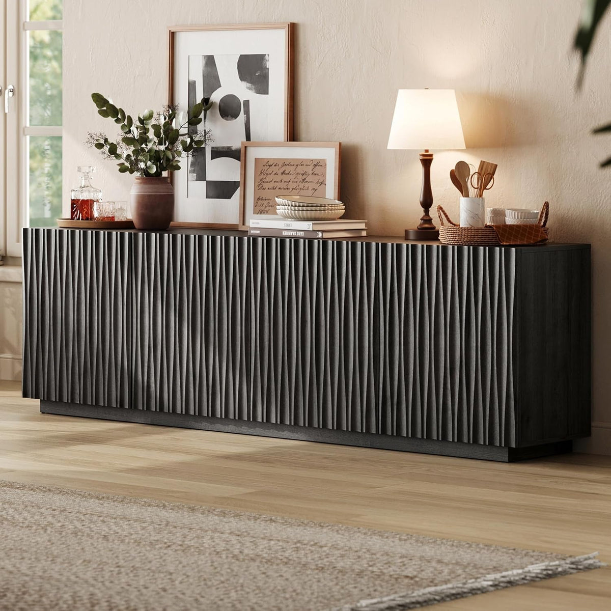 Minimalist Matte Black Fluted Mid Century Sideboard-0