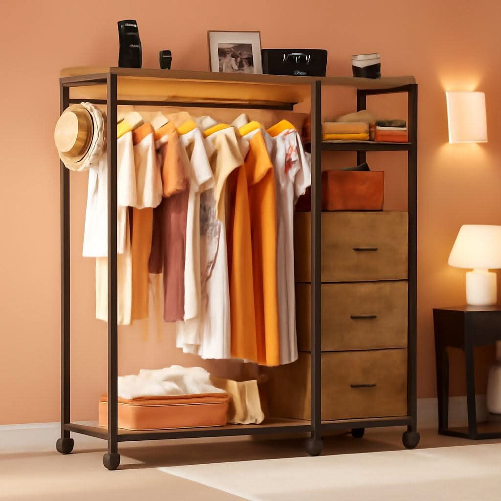 Brown Dresser With Hanging Rack And LED Lights Charging Station-0
