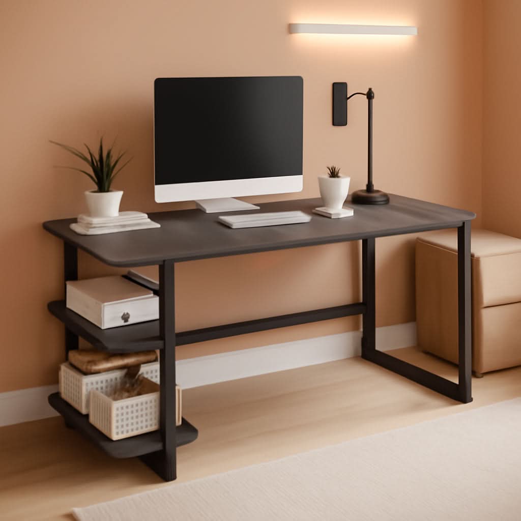 Grey Wood Rustic Industrial Computer Desk With Two Shelves-0