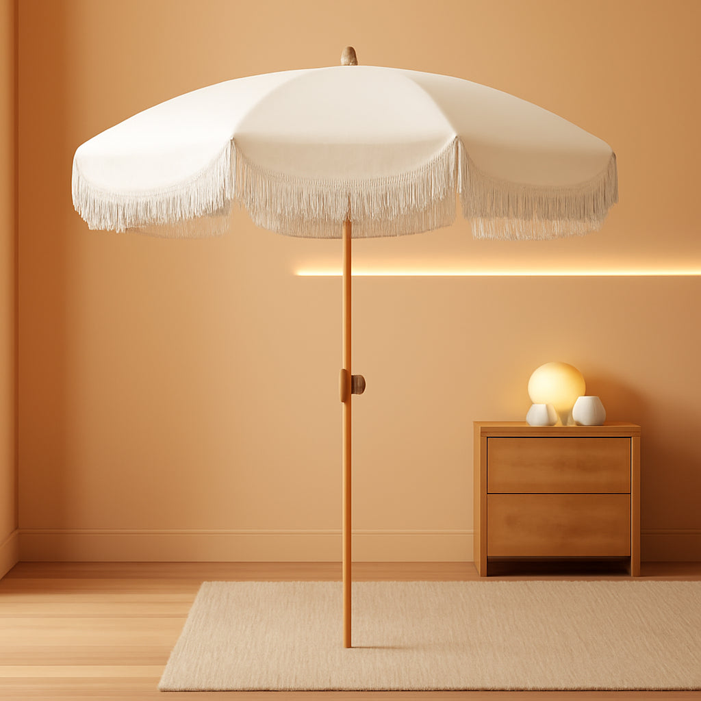 6 Point 5Ft Fringed Patio Umbrella Cream Aluminum Tilting-0
