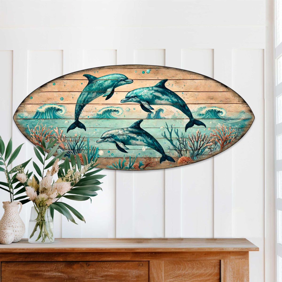 Dolphin Dance Surfboard Wall Art – Handcrafted Coastal Wooden Decor by G.DeBrekht – Beach House Ocean Decor – 8490149HS-0