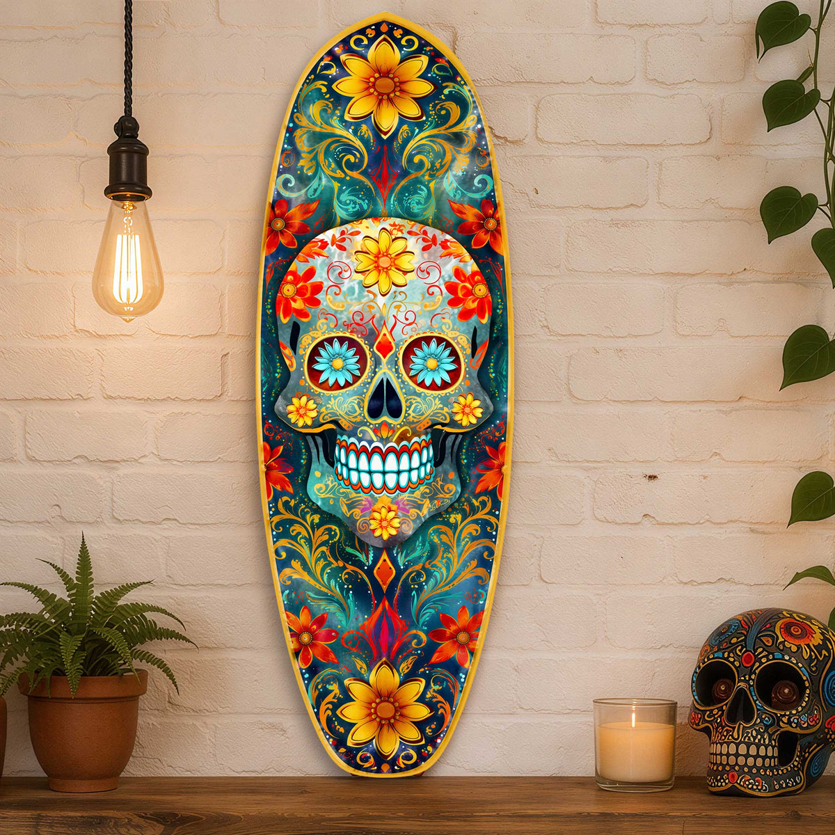 Day of the Dead Skull Surfboard Wall Art - Handcrafted Coastal Wooden Decor by G.DeBrekht – 8490167HS-0