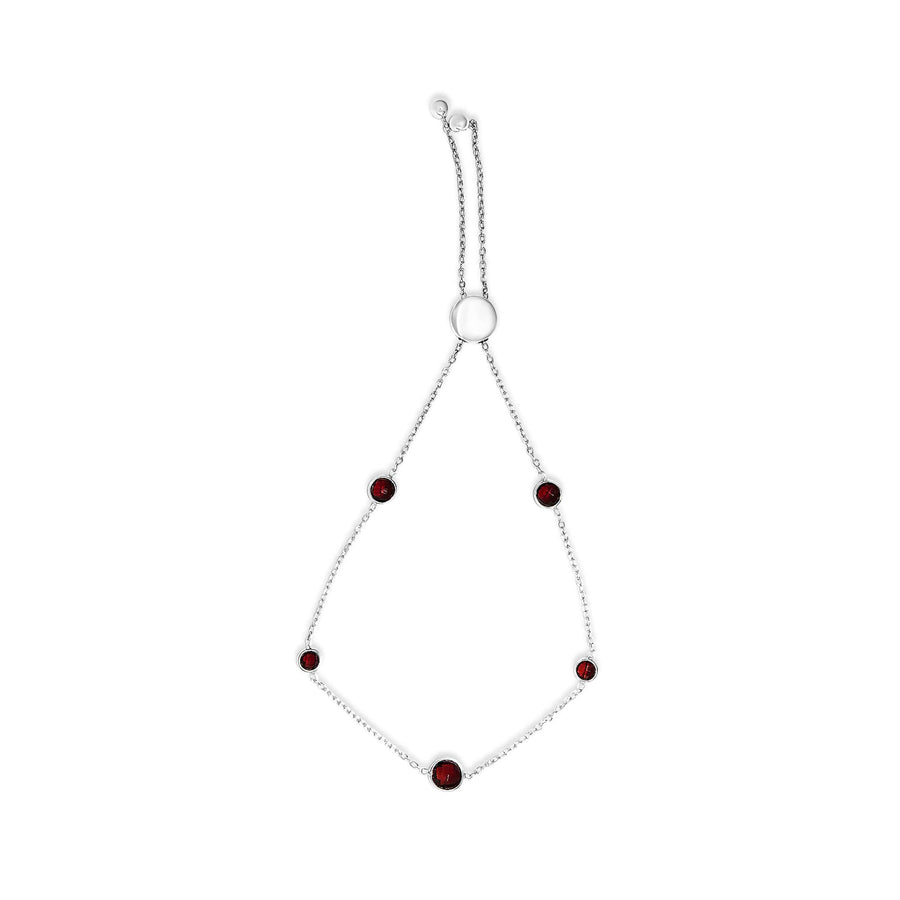 .925 Sterling Silver Bezel Set Red Garnet 5 Station Adjustable Bolo Bracelet