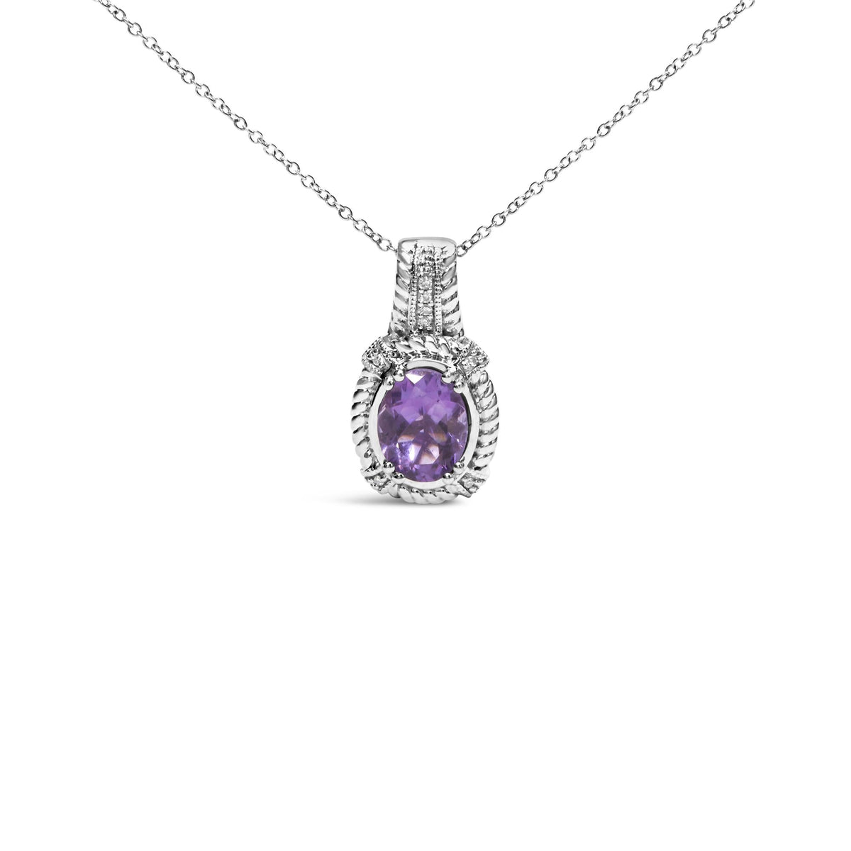 .925 Sterling Silver 9x7mm Oval Purple Amethyst and Round Diamond Accent Fashion Drop Pendant 18 Inch Necklace (I-J Color, I1-I2 Clarity)-0