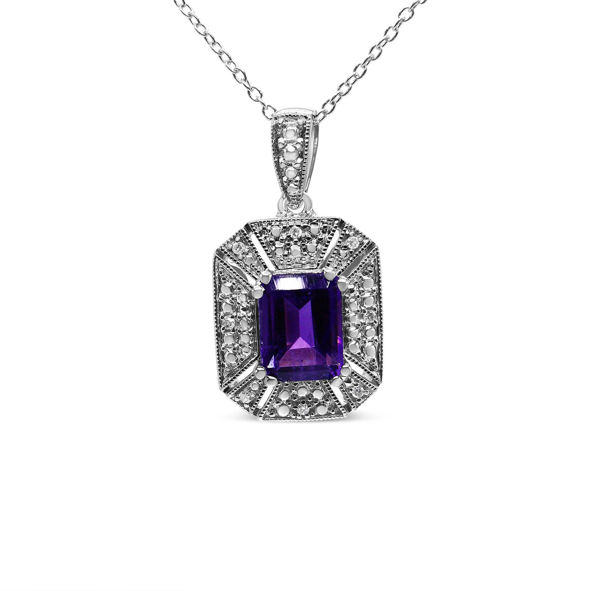 .925 Sterling Silver Purple Amethyst and Diamond Accent Art Deco Style 18" Pendant Necklace (I-J Color, I1-I2 Clarity)-0