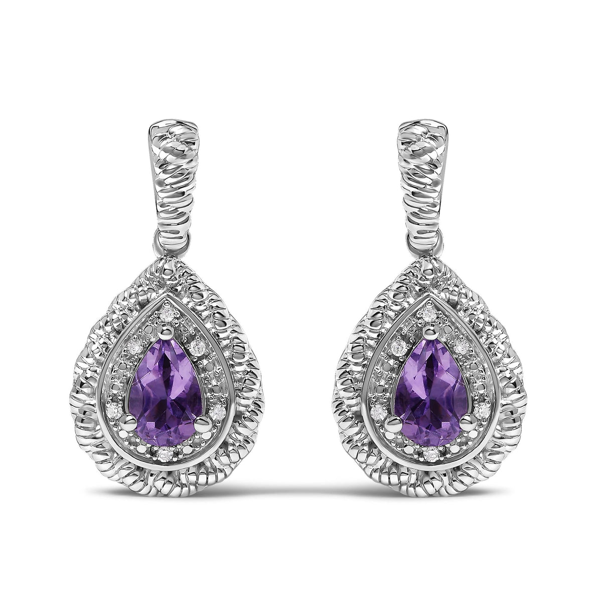 Sterling Silver Pear Cut Amethyst and Diamond Accent Teardrop Drop Earrings-0