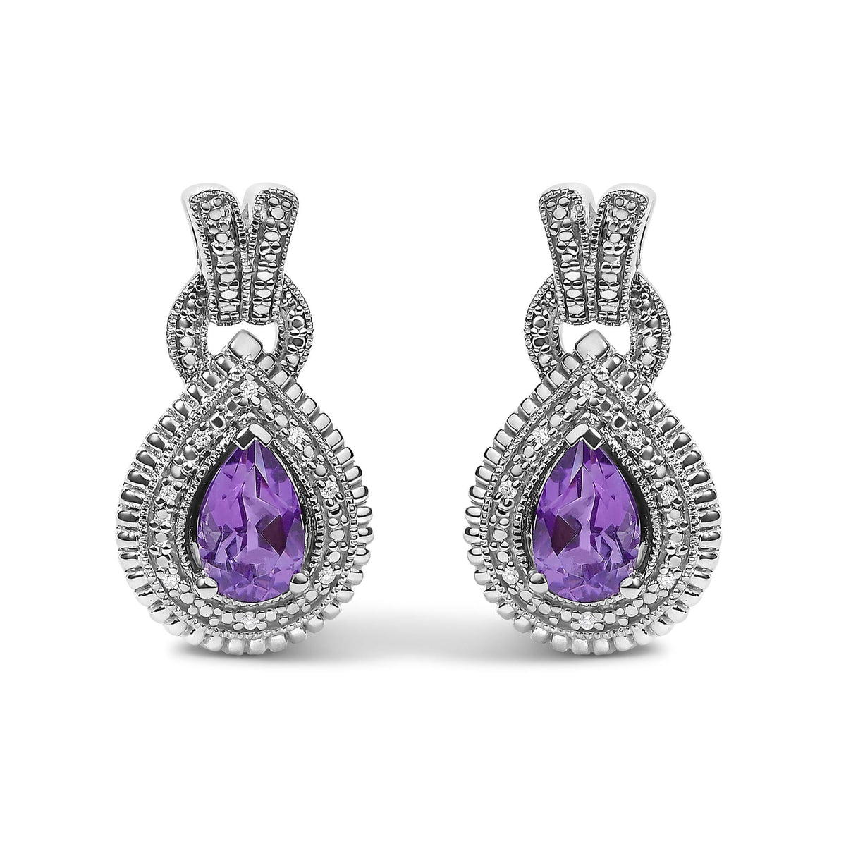 Sterling Silver Pear Cut Amethyst and Diamond Accent Teardrop Stud Earrings-0