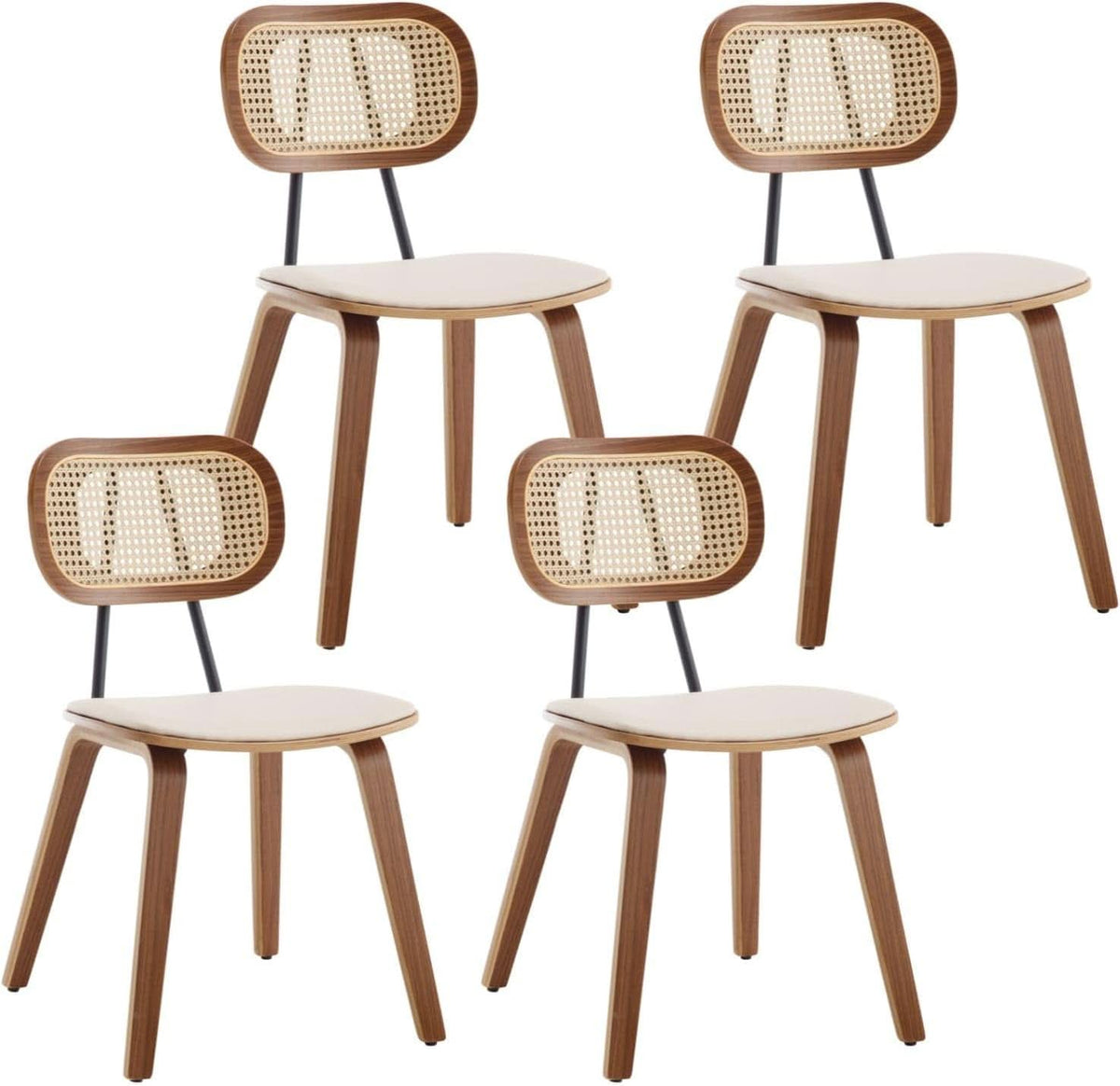 Beige Upholstered Dining Chairs With Rattan Backrest-0
