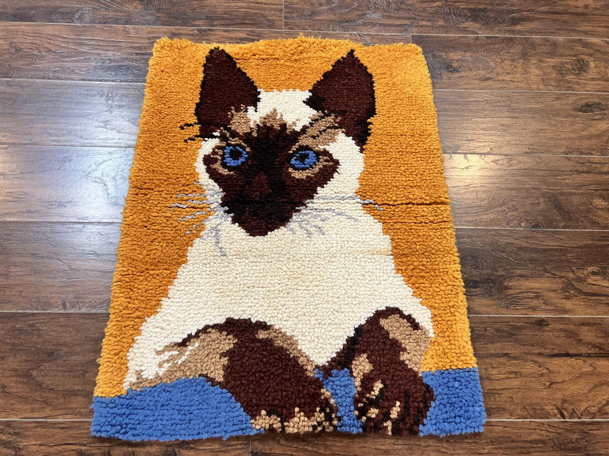 Small Shag Rug with Siamese Cat Pictorial, 2x3 ft Rug, Wool, Vintage, Danish Rya Shag Rug, Orange-0