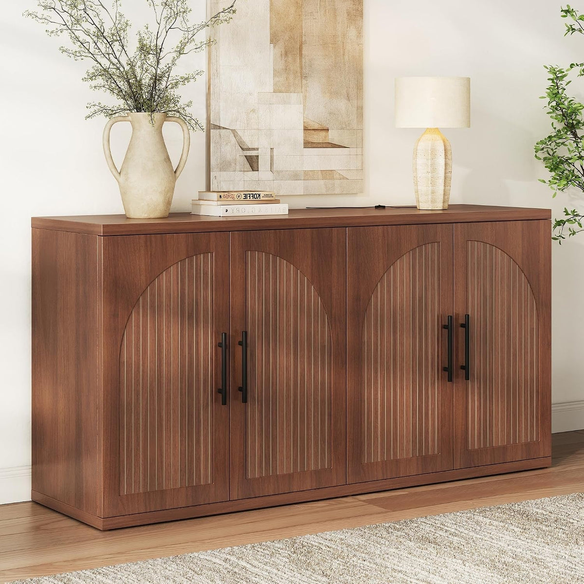 63 Inch Fluted Buffet Cabinet Walnut Storage Console-0
