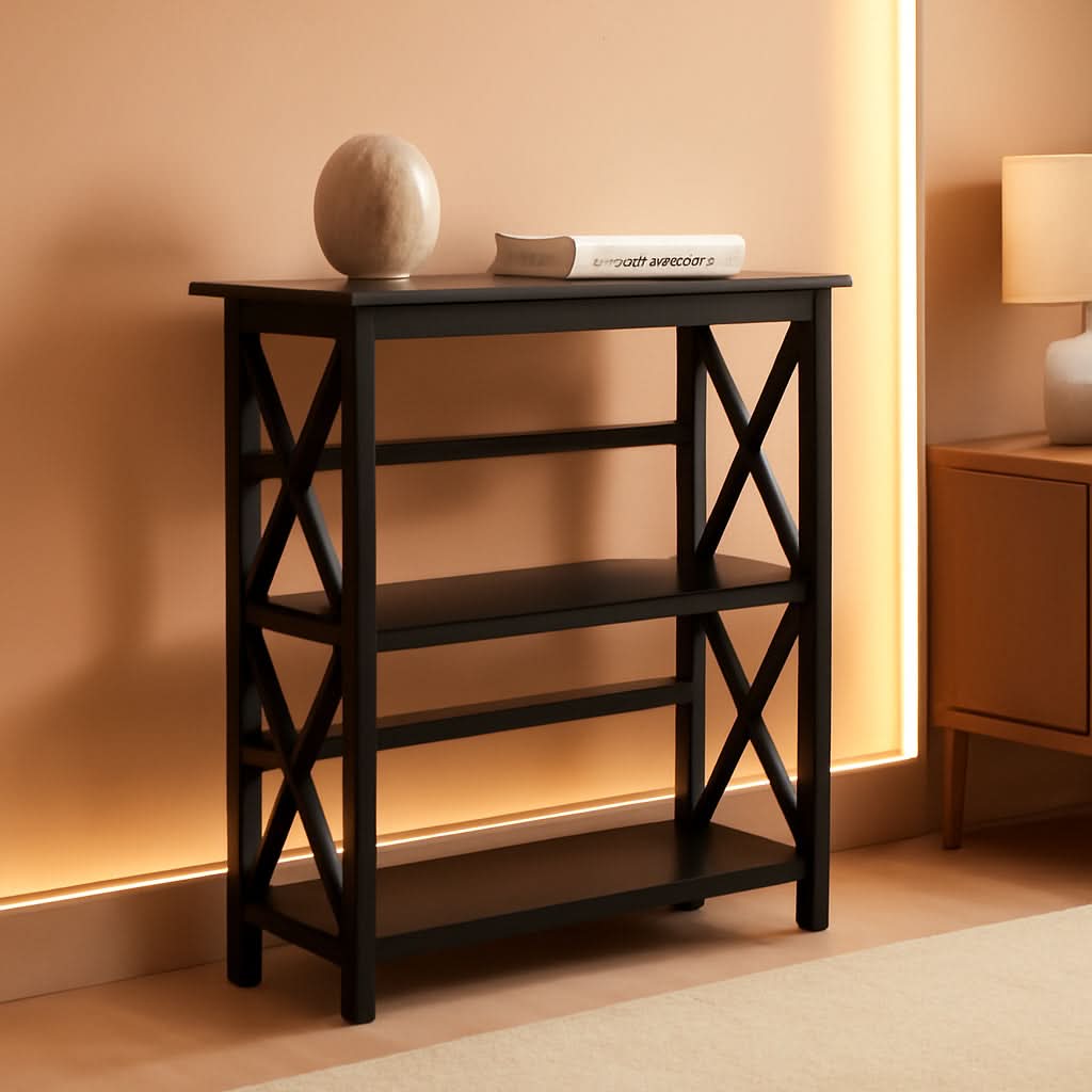 Montego 3 Shelf Bookcase Black Solid Wood Construction-0