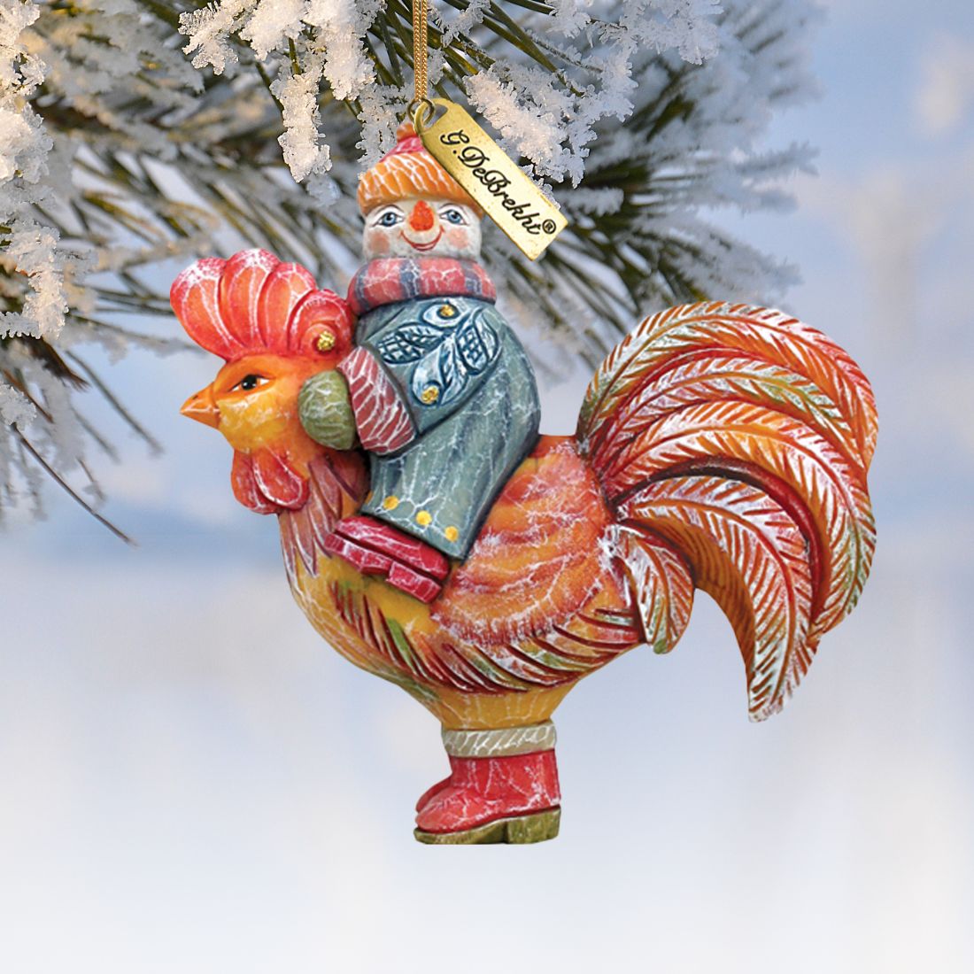 Snowman Riding Rooster Sculpted Hand-Painted Christmas Ornament by G. DeBrekht - Christmas Santa Snowman Decor - 63134-0