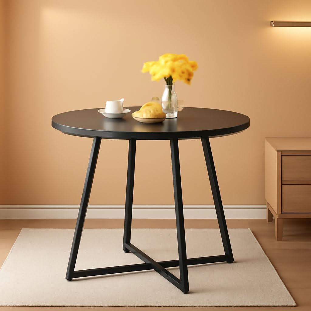 Round Black Woodgrain Top Dining Table With Steel Frame-0
