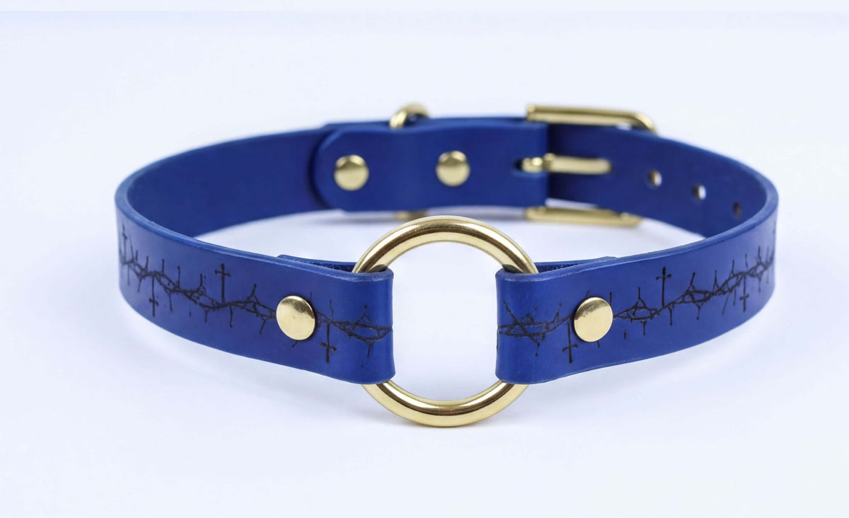 Barbed BDSM Collar – Blue Leather Choker with Cross Motif & Gothic-0