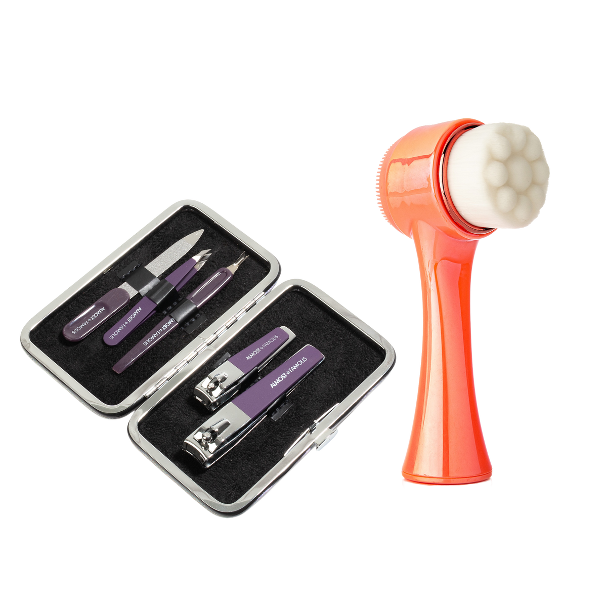ALMOST FAMOUS "Cleanse & Groom" Self-Care Set | 5-Piece Manicure Kit + Facial Exfoliator Brush-0